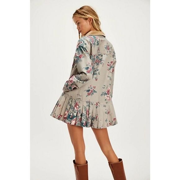 New Free People Connor Printed Mini Dress Pleated Long Sleeve Cotton XS - Picture 2 of 11